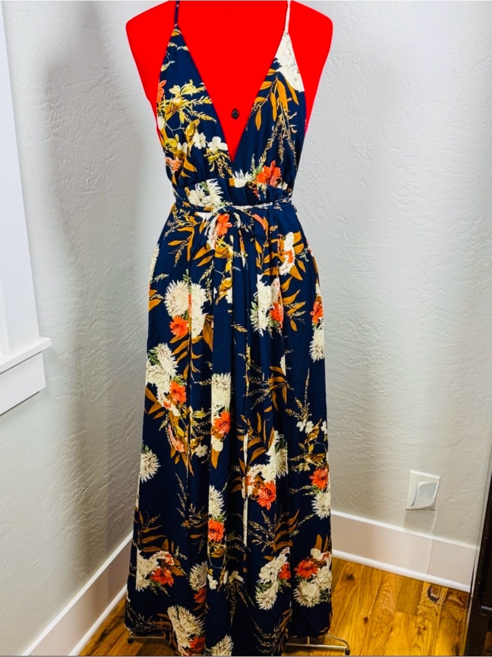 Haute Rogue Navy Floral Open Back Crisscross Wrap Front Maxi Dress Size M